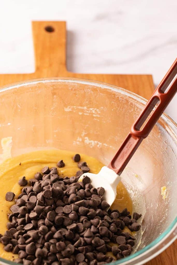 Mixing dough for one bowl chocolate chip cookies.