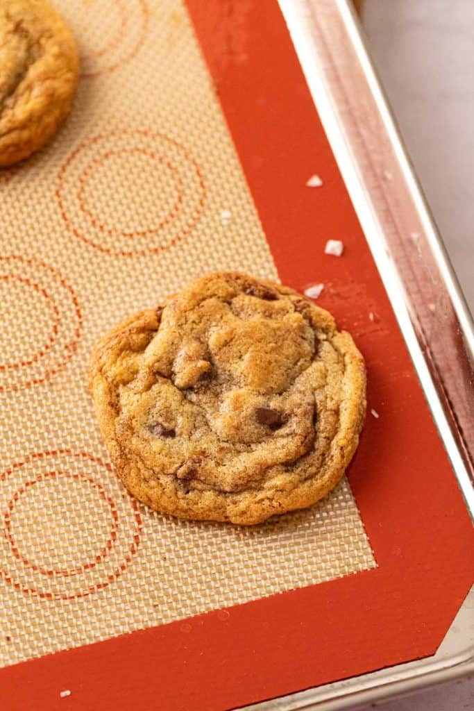 One bowl chocolate chip cookies on a baking sheet.