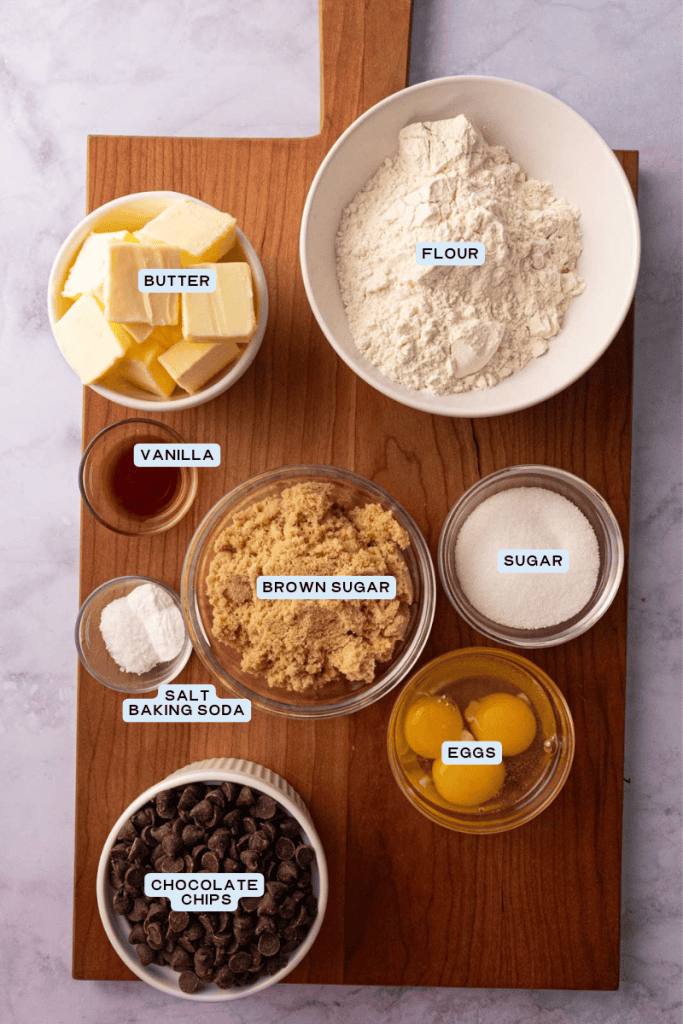 Ingredients for one bowl chocolate chip cookies.